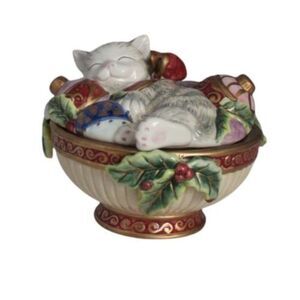Fitz and Floyd Kristmas Kitty Lidded Box Candy Bowl Trinket Box Christmas